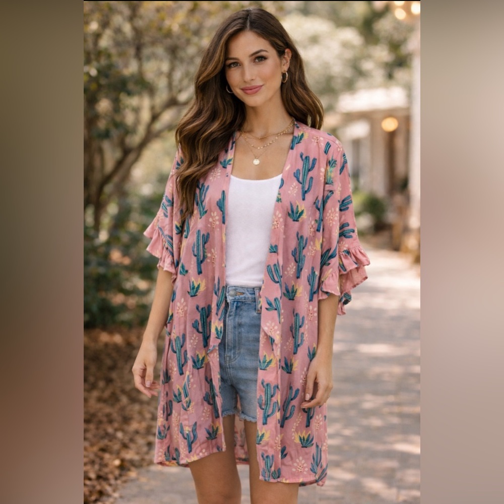 Cactus Print Kimono Small (Oversized-upto XL) Ruffle Sleeve Open Front Boho - Picture 1 of 3